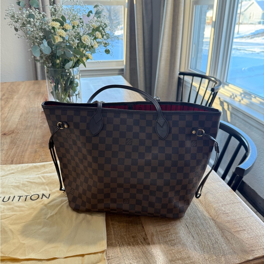 Louis Vuitton Damier Ebene Checkerboard Tote with Red Interior